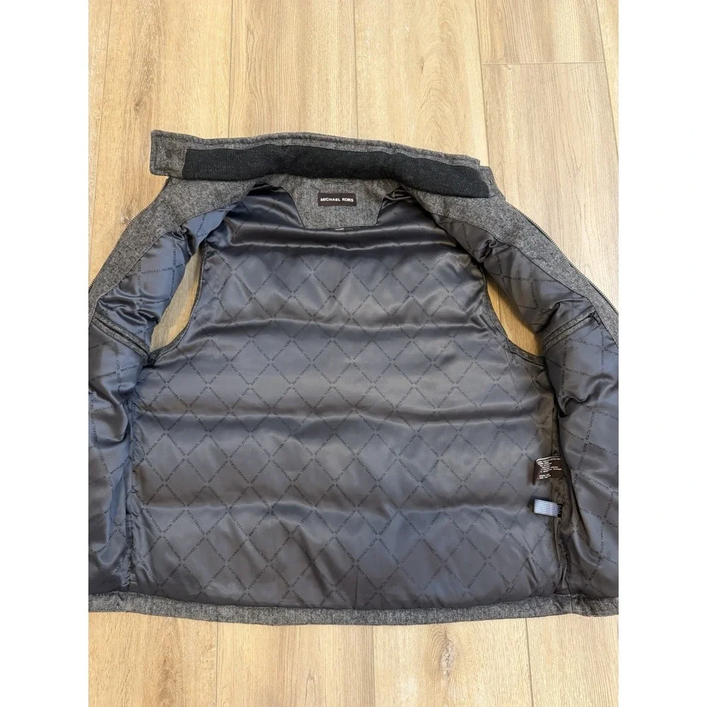 Michael Kors Full Zip Herringbone Wool Gray Black Down Puffer Vest Men XXL‎
